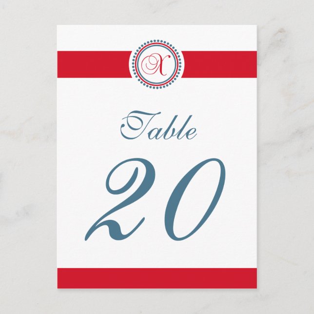 X Dot Circle Monogram Table Number (Red / Blue) Postcard (Front)