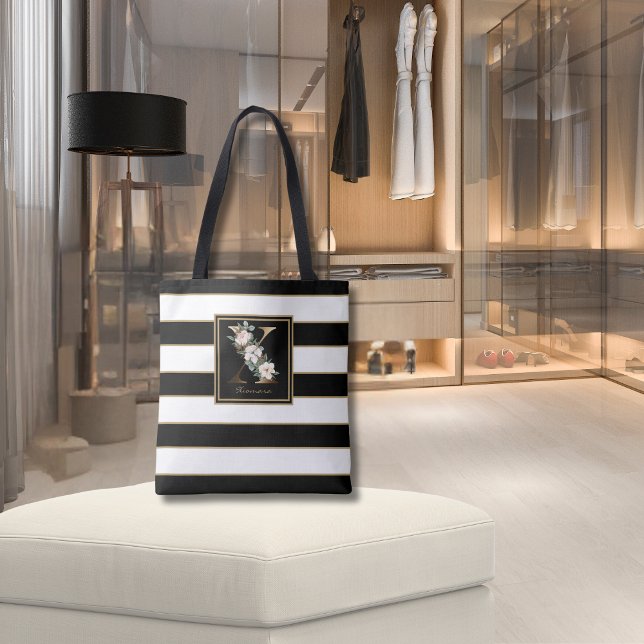 X Gold Floral Monogram | Black White Gold Stripes Tote Bag (Creator Uploaded)