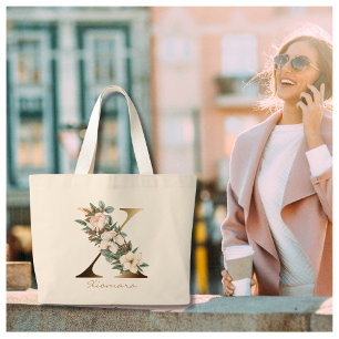 X Letter Gold Monogram White Blush Orange Floral Large Tote Bag