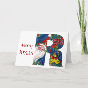 X LETTER / SANTA CLAUS WITH RED RIBBON MONOGRAM HOLIDAY CARD