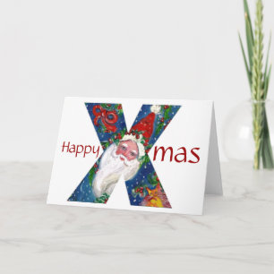 X LETTER / SANTA CLAUS WITH RED RIBBON MONOGRAM HOLIDAY CARD