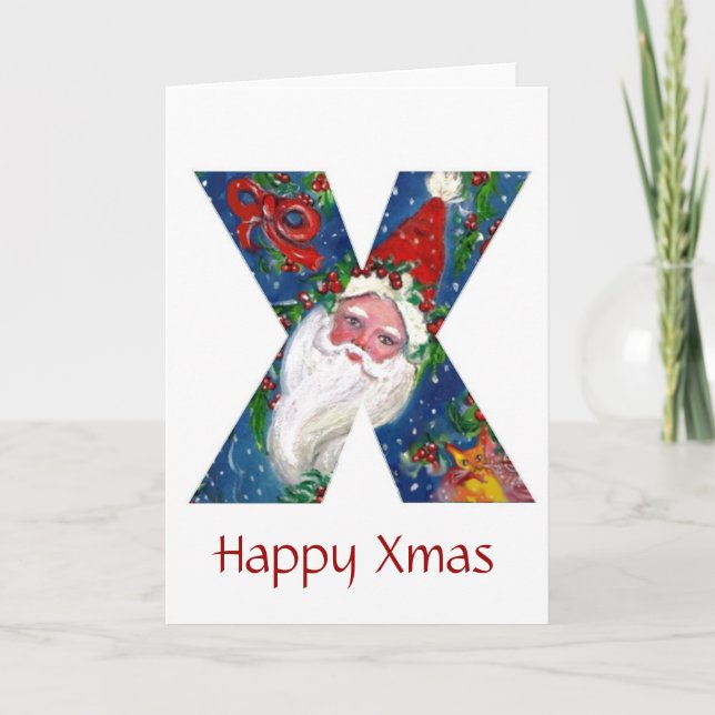 X LETTER / SANTA CLAUS WITH RED RIBBON MONOGRAM HOLIDAY CARD (Front)