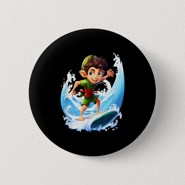 X-mas Christmas Elf Riding Surfboard Surfboard  2 Inch Round Button (Front)