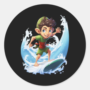 X-mas Christmas Elf Riding Surfboard Surfboard Classic Round Sticker