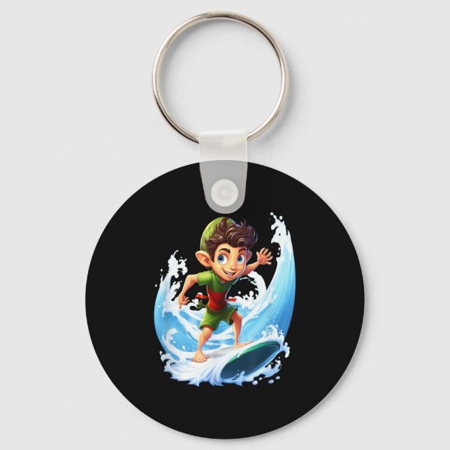 X-mas Christmas Elf Riding Surfboard Surfboard  Keychain (Front)