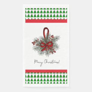 X-Mas Pine & Red Ribbon w/Tree Border  Napkin