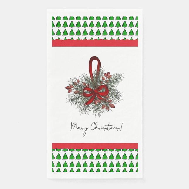 X-Mas Pine & Red Ribbon w/Tree Border  Napkin (Front)