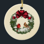 X-Mas Wreath and Birds Ceramic Ornament<br><div class="desc">A cream background,  decorated with a snow covered fir wreath with a large red satin bow,  and two cute birds sitting on it.  Hang it on your tree,  decorate a gift or a wreath with it. You can even personalize it by adding your own text!</div>