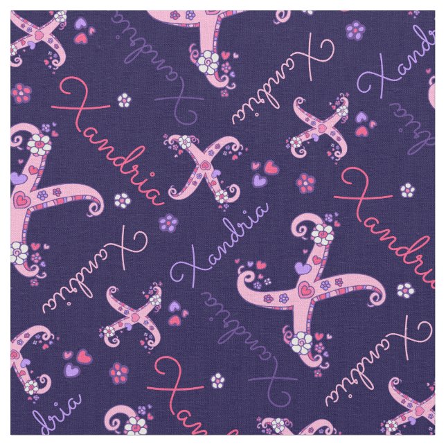 X monogram and personalized name Willow fabric (Close Up)