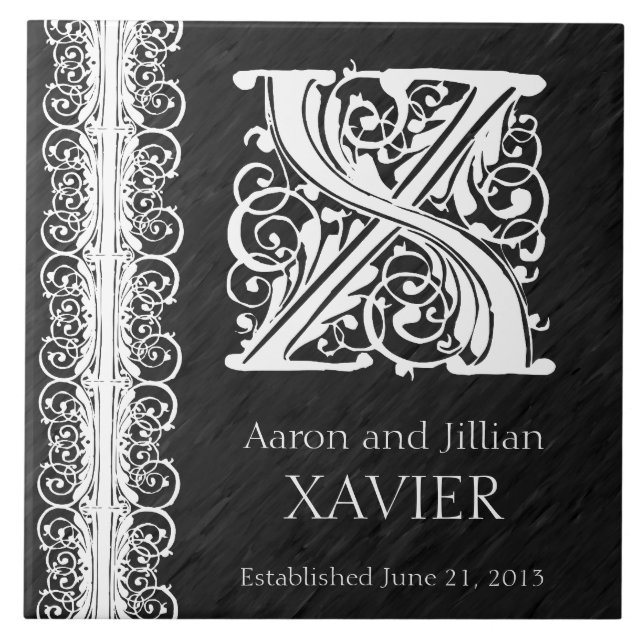 X Monogram "White Lace on Black" Wedding Tile (Front)