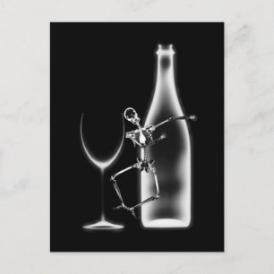 X-Ray Celebration Skeleton & Wine - B&W Postcard
