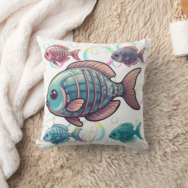X-Ray Fish Rainbow Bubbles Print Throw Pillow (Blanket)