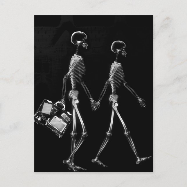 X-Ray Skeleton Couple Travelling Black White Postcard (Front)