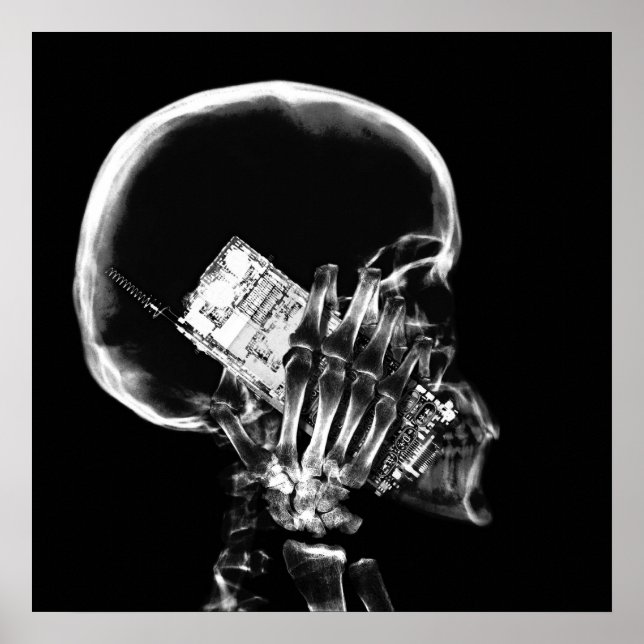 X-RAY SKELETON ON CELL PHONE BLACK & WHITE POSTER (Front)
