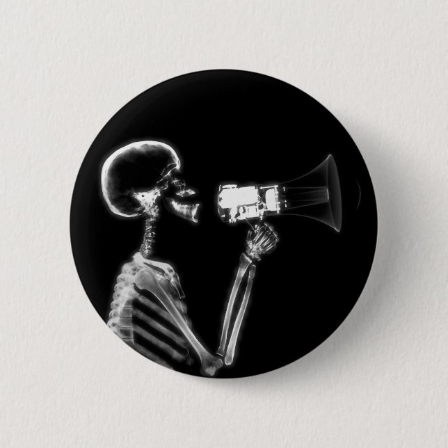 X-RAY SKELETON ON MEGAPHONE - B&W 2 INCH ROUND BUTTON (Front)