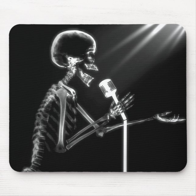 X-RAY SKELETON SINGING ON RETRO MIC - B&W MOUSE PAD (Front)