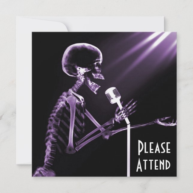 X-RAY SKELETON SINGING ON RETRO MIC - PURPLE INVITATION (Front)