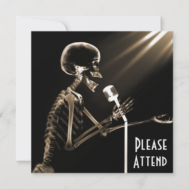 X-RAY SKELETON SINGING ON RETRO MIC - SEPIA INVITATION (Front)