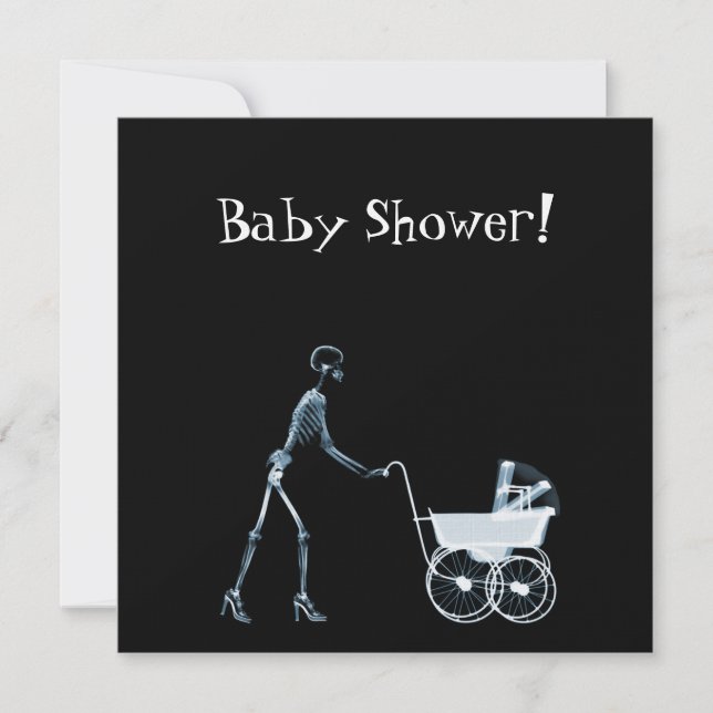 X-RAY SKELETON WOMAN & BABY CARRIAGE - BLUE INVITATION (Front)