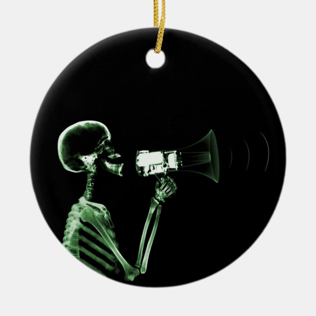 X-RAY VISION SKELETON ON MEGAPHONE - GREEN CERAMIC ORNAMENT (Front)