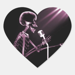 X-RAY VISION SKELETON SINGING ON RETRO MIC - PINK HEART STICKER