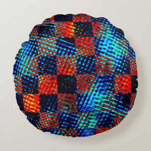 Xadrez azul, laranja quase vermelho, fake sujo round pillow