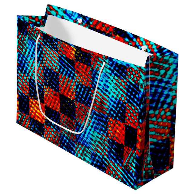 Xadrez laranja, azul, fake sujo ou manchado. large gift bag (Front Angled)