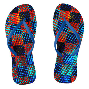 Xadrez laranja, azul, falso sujo com manchas. flip flops