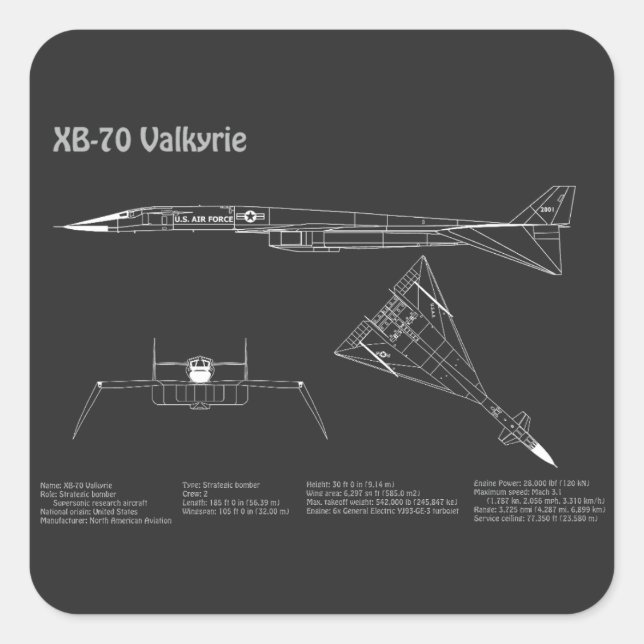 XB-70 Valkyrie - Airplane Blueprint Plans PD Square Sticker (Front)