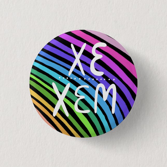 XE/XEM Pronouns Colourful Handlettered Rainbow 1 Inch Round Button (Front)