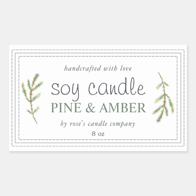 XL Homemade Soy Candle Pine Sprig Custom White Sticker (Front)