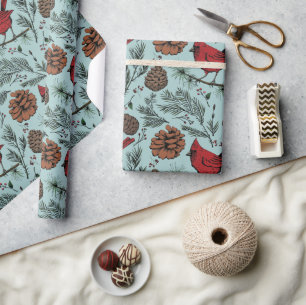 XL Winter Perched Red Cardinal & Pine Cones Wrapping Paper