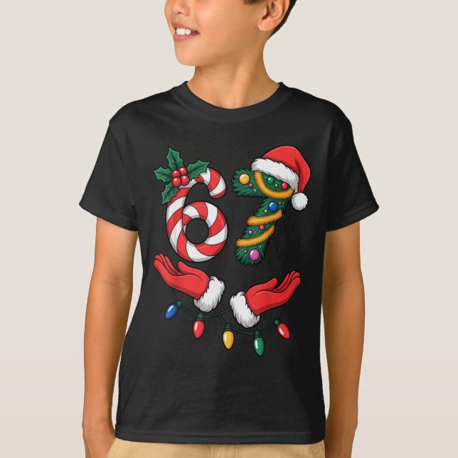 Xmas 67 Hands Gesture Candy Canes Santa Holiday Ki T-Shirt (Front)