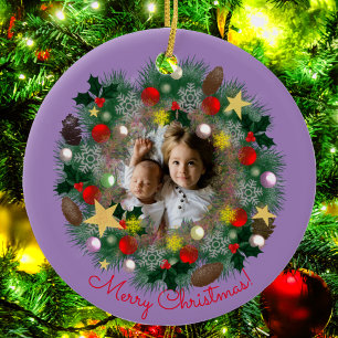 Xmas and New Year greetings, photo in wreath Ceramic Ornament