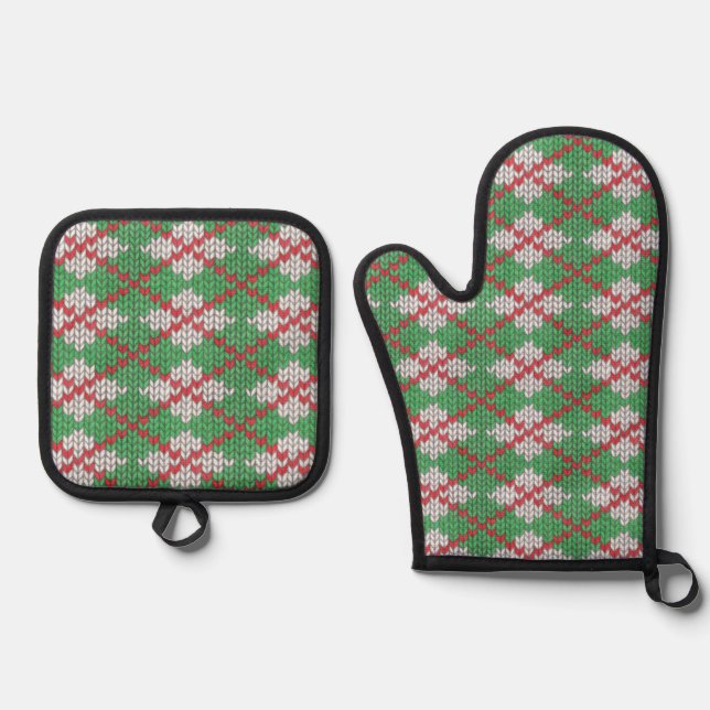 XMAS ARGYLE KNIT Oven Mitt & Pot Holder Set (Front)