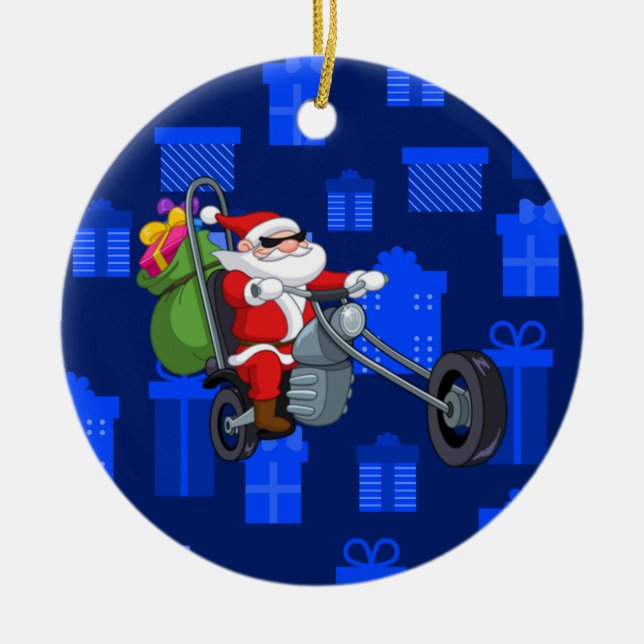 xmas biker santa claus ceramic ornament (Front)