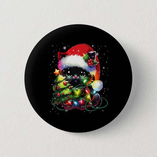 Xmas Black Cat Santa Hat Tangled Up In Christmas T 2 Inch Round Button (Front)
