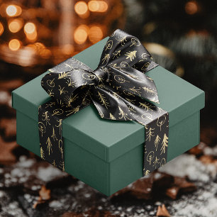 Xmas Black Gold Foil Winter Scene Satin Ribbon