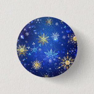 XMAS Blue Background with Golden Snowflakes 1 Inch Round Button