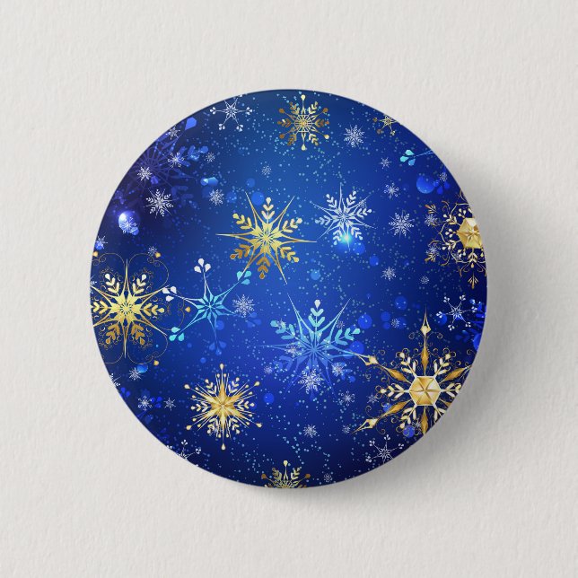XMAS Blue Background with Golden Snowflakes 2 Inch Round Button (Front)