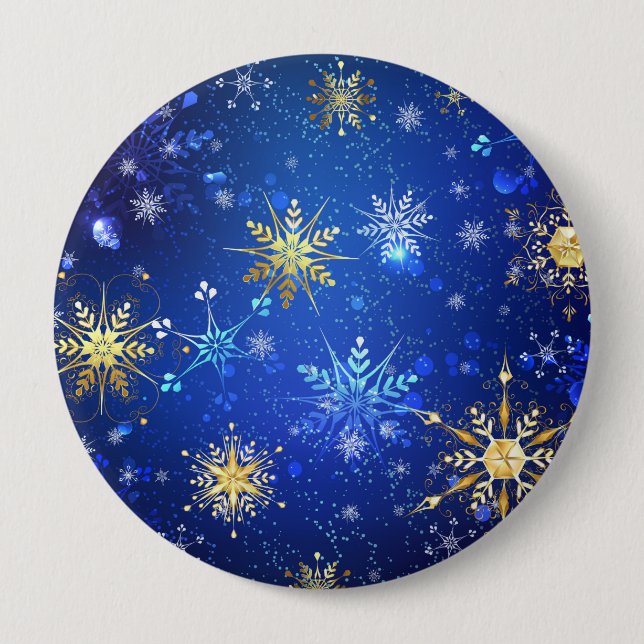 XMAS Blue Background with Golden Snowflakes 4 Inch Round Button (Front)
