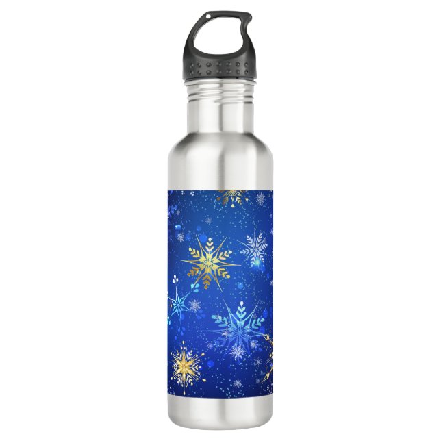 XMAS Blue Background with Golden Snowflakes 710 Ml Water Bottle (Front)