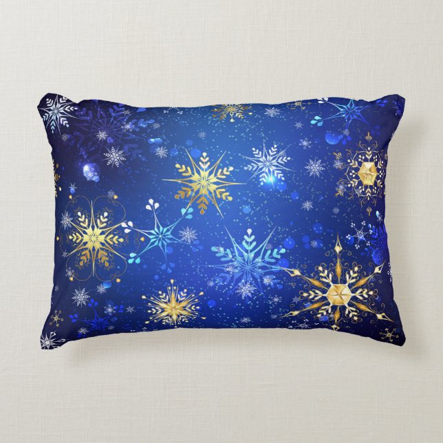 XMAS Blue Background with Golden Snowflakes Accent Pillow (Front)