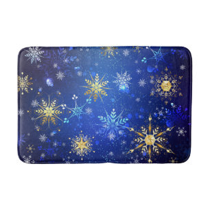 XMAS Blue Background with Golden Snowflakes Bath Mat