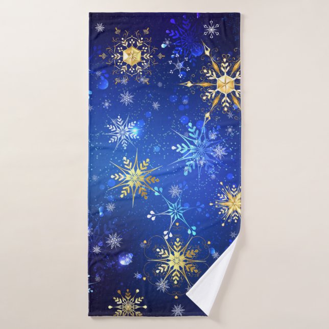 XMAS Blue Background with Golden Snowflakes Bath Towel (Bath Towel)