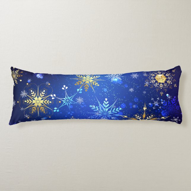 XMAS Blue Background with Golden Snowflakes Body Pillow (Front)