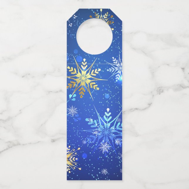 XMAS Blue Background with Golden Snowflakes Bottle Tag (Front)