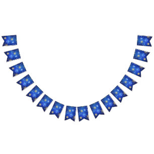XMAS Blue Background with Golden Snowflakes Bunting Flags