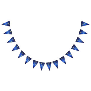 XMAS Blue Background with Golden Snowflakes Bunting Flags