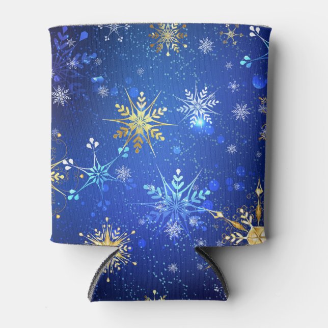 XMAS Blue Background with Golden Snowflakes Can Cooler (Front)